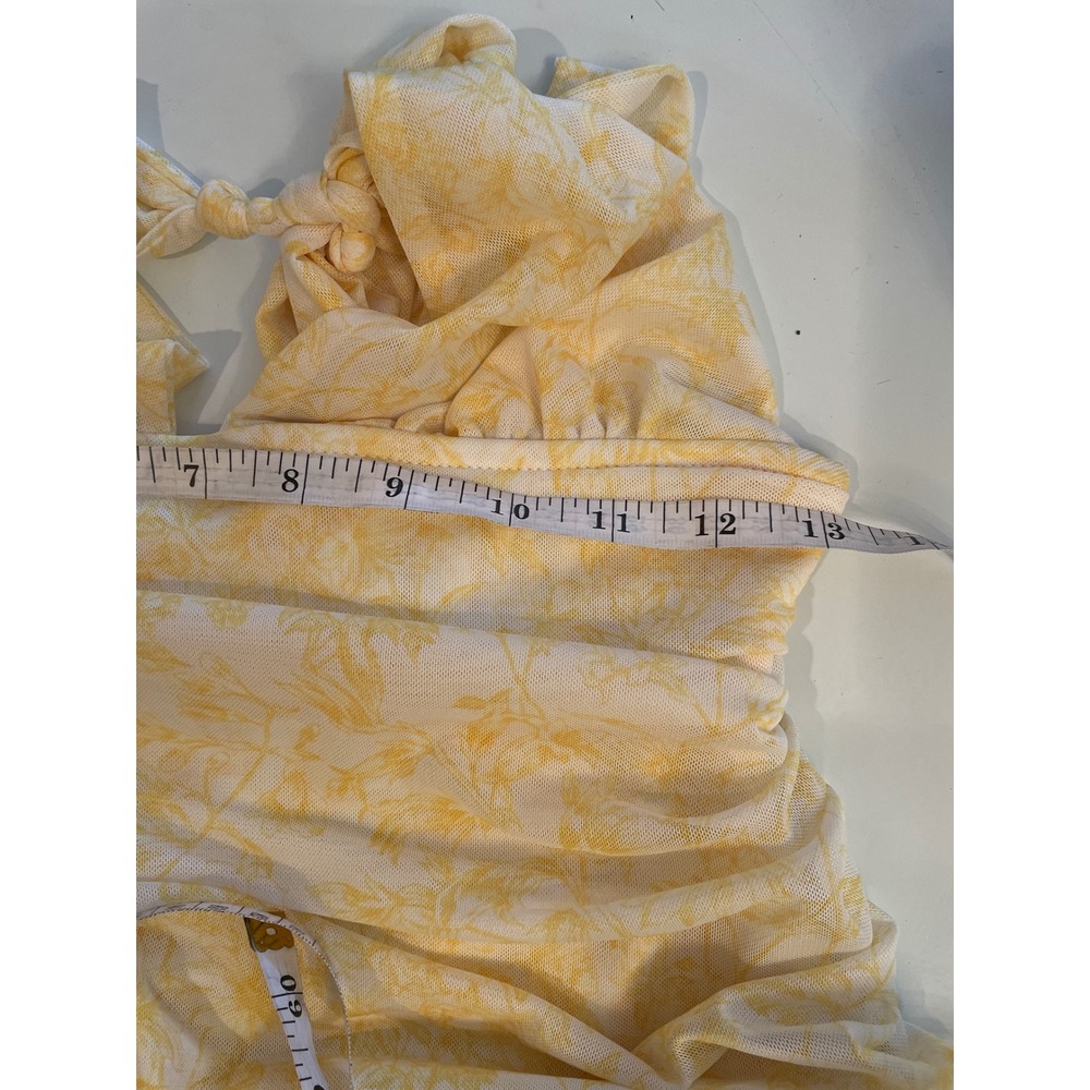 Floral Mesh Halter Top Yellow Ruched Asymmetrical XS Flowy Feminine Tiered - Picture 4 of 4
